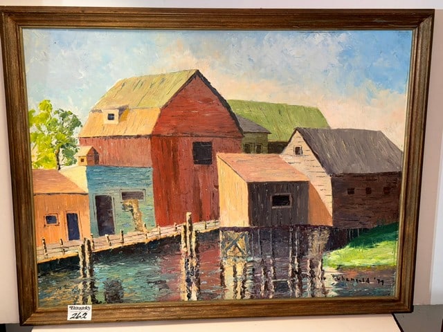 PAINTING OF BARNS IN AUBURN SIGNED YVONNE RUBENFELD 77, 26" X 20" OVERALL FRAME, OIL ON HARDBOARD: PAINTING OF BARNS IN AUBURN SIGNED YVONNE RUBENFELD 77, 26" X 20" OVERALL FRAME, OIL ON HARDBOARD