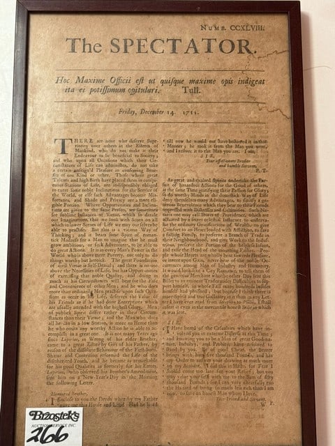 THE SPECTATOR NEWSPAPER FRIDAY DEC. 14, 1711: PRINTED BY SAM BUCKLEY AT THE DOLPHIN IN LITTLE BRITIAN LONDON, FRAMED #248 (ONLY PRINTED 2 YRS.)