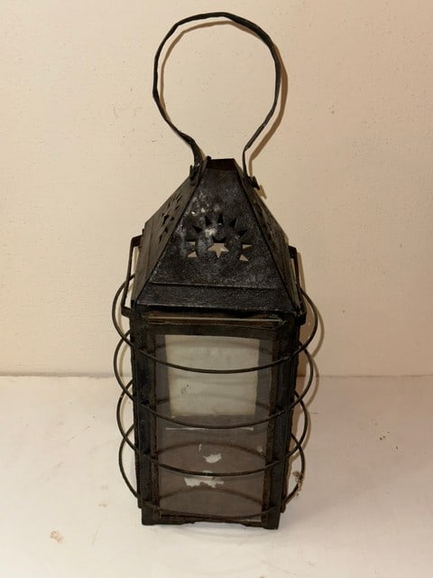 ANTIQUE METAL & GLASS CANDLE LANTERN (1 of 2)