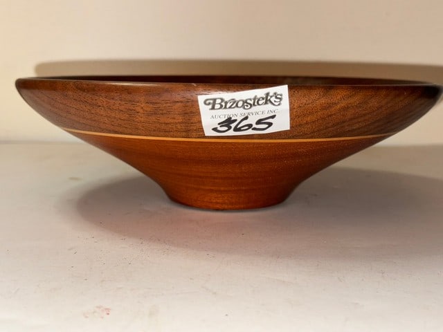 SGN. MARK SPENCER WALNUT, MAPLE & MAHOGANY TURNED LOW BOWL, 9.5" DIA. X 3"H (1 of 4)