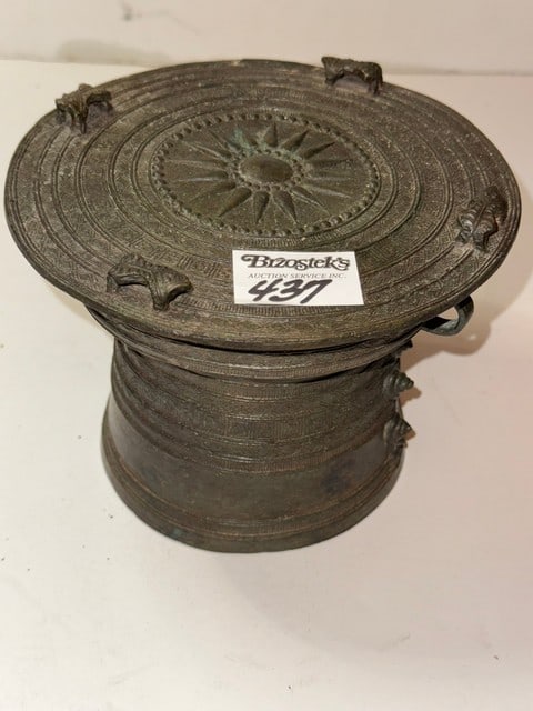 BANGKOK THAILAND MINIATURE 1 FROG RAIN DRUM, 7" DIA. X 5"H: BRONZE