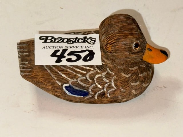 MINIATURE CARVED DUCK SIGN: EARL HOUCK #7, 3.5"L