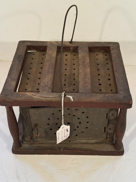 WOODEN CAGED TIN BOX FOOT WARMER: 8'L X 7.5"D X 5.75"H