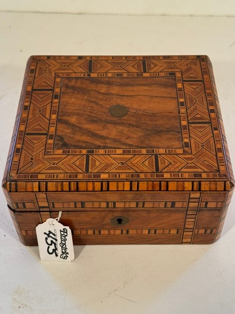 INLAID WOODEN JEWELRY BOX, 7"L X 6"D X 3.5"H: W/BLUE VELVETEEN INTERIOR