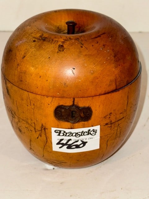 EARLY APPLE WOOD APPLE SHAPED COVERED TEA CADDY, 5"H X 4" DIA. (1 of 4)