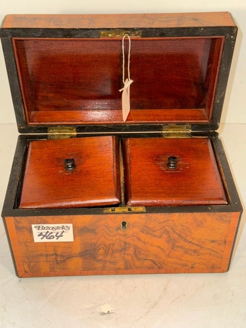 BURL WOOD COVERED DOUBLE TEA CADDY BOX, 9"L X 5"D X 5"H (1 of 5)