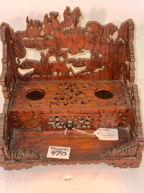 CUT OUT WOOD FRETWORK INKWELL, 9.5"L X 7"D X 8.5"H: W/1 DRW., W/HUNTING SCENE MOTIF