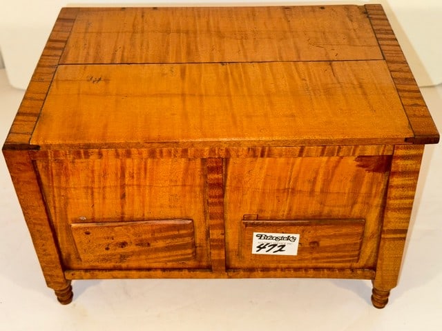 MINIATURE TIGER MAPLE 2 DRAWER LIFT TOP BOX, 12"L X 9"D X 8"H (1 of 7)