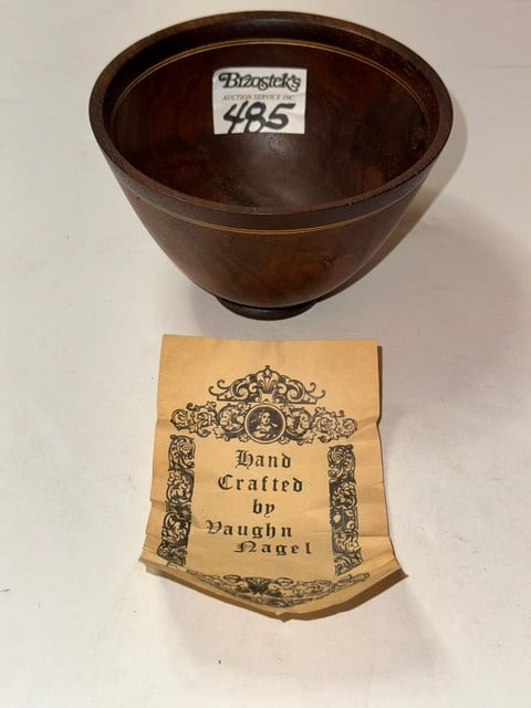 HAND TURNED BY VOUGH NAGEL BLACK WALNUT W/PODAUK TRIM BOWL: 1993 W/ORIGINAL PAPERWORK (CHIP ON LIP)