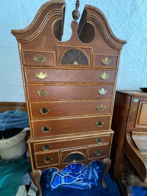 QUEEN ANNE STYLE HIGHBOY DRESSER W/RATTAN FRONT, 37"W X 18"D X 7"H: QUEEN ANNE STYLE HIGHBOY DRESSER W/RATTAN FRONT, 37"W X 18"D X 7"H