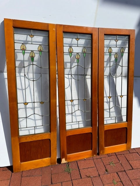 SET OF 3 LEADED GLASS BOOKCASE DOORS, 18.5"W X 60"H: SET OF 3 LEADED GLASS BOOKCASE DOORS, 18.5"W X 60"H