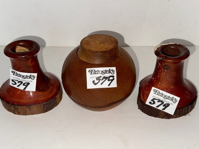 REDWOOD BURL PR. CANDLESTICKS & A COVERED JAR: REDWOOD BURL PR. CANDLESTICKS & A COVERED JAR