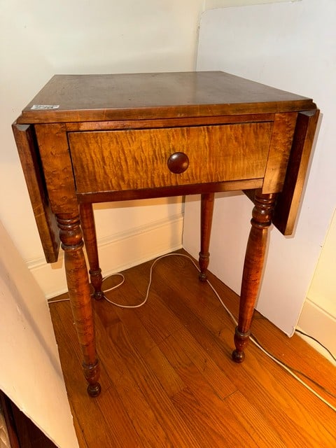 ANTIQUE BIRD'S-EYE DROPLEAF STAND W/TIGER MAPLE DRW. THAT’S BEEN REWORKED (1 of 5)