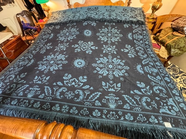 BLUE WOOL JACQUARD COVERLET & FLORAL BORDER SIGNED A.E.W.1836 (1 of 9)