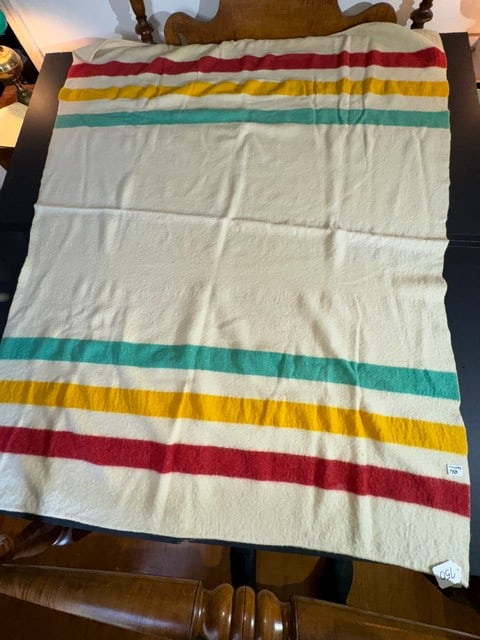 WOOL HUDSON BAY STYLE BLANKET W/RED, YELLOW & GREEN STRIPS (1 of 2)