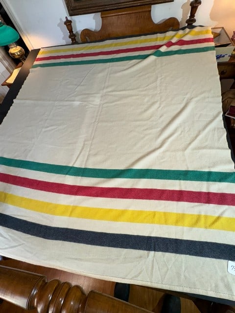 WOOL HUDSON BAY STYLE BLANKET W/GREEN, RED, YELLOW & BLUE STRIPS (1 of 2)