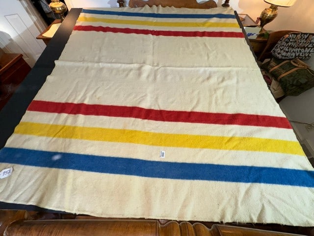 WOOL HUDSON BAY STYLE BLANKET W/BLUE,RED,YELLOW STRIPS (1 of 3)