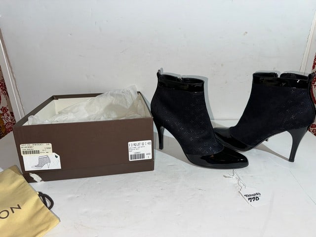 LOUIS VUITTON MONOGRAM SATIN NOIR ANKLE BOOT 100M SIZE 40 #103607, ORIGINAL PRICE $720 (1 of 5)