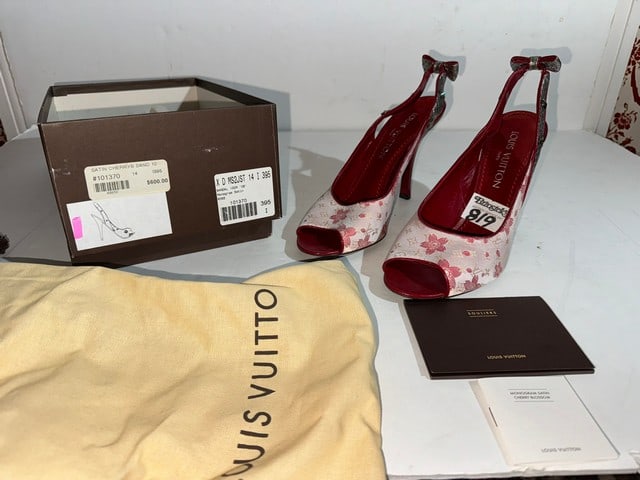 LOUIS VUITTON MONGRAM ROSE SATIN SANDAL, 10CM, SIZE 39.5, ORIGINAL BOX (1 of 6)