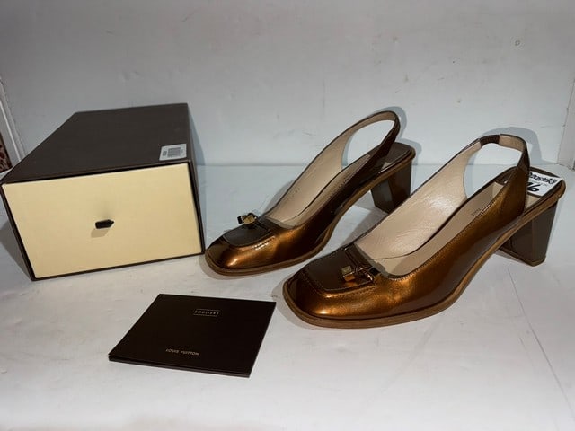 LOUIS VUITTON PATTEN LEATHER SLINGBACK BRONZE PUMPS, SIZE 40, 3"HEEL, ORIGINAL LV BOX (1 of 5)