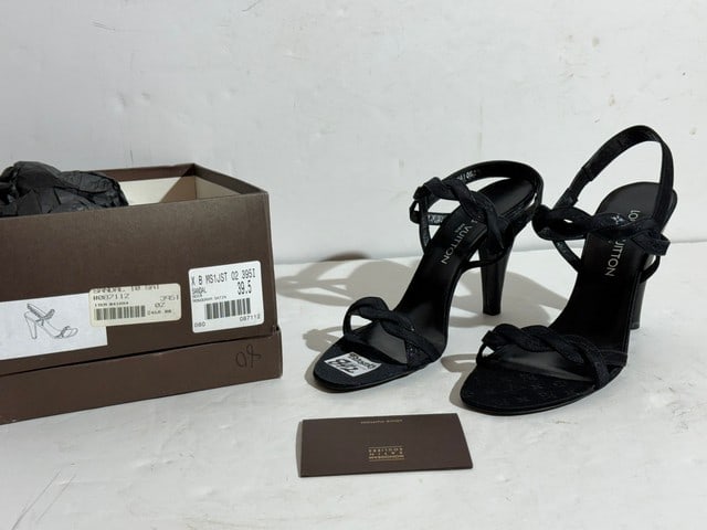 LOUIS VUITTON NOIRE MONOGRAM SATIN SANDAL, SIZE 39.5,4" HEEL, MA1002,ORIGINAL LV BOX (1 of 6)