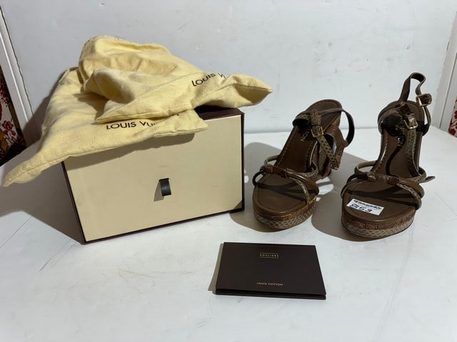 LOUIS VUITTON PLATFORM WEDGE HEEL SANDALS, SIZE 40, ORIGINAL LV BOX, 5"HEEL (1 of 6)