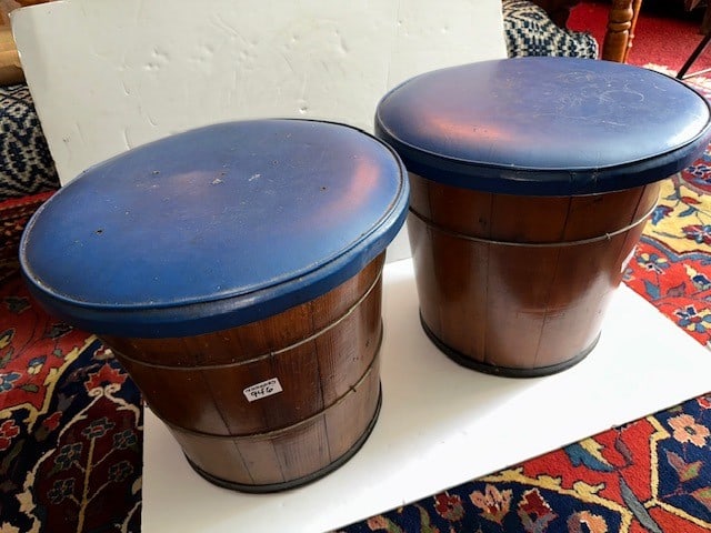 2 SAP BUCKET STOOLS (BLUE CUSHION TOP): 2 SAP BUCKET STOOLS (BLUE CUSHION TOP)
