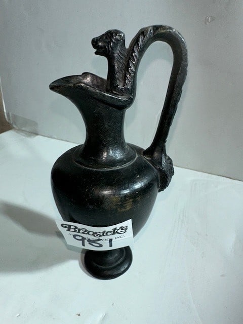 ANTIQUE BRONZE EWER WITH ANIMAL HEAD HANDLE, 6"H (1 of 3)