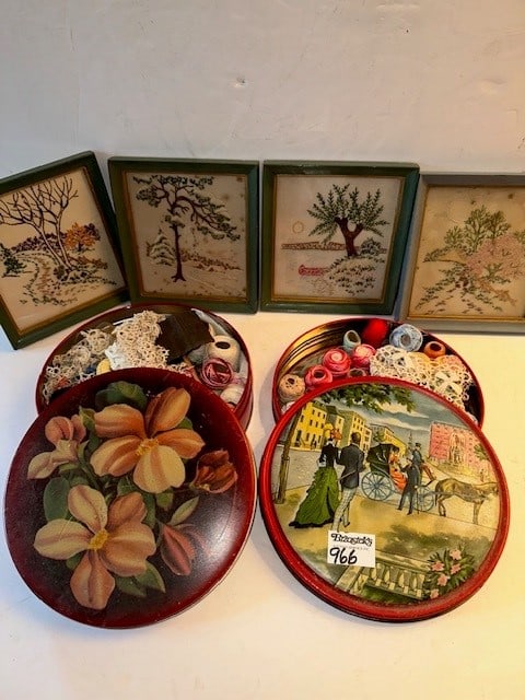 2 CANDY TINS WITH EMBROIDERY & 4 SM. FRAMED EMBROIDERY PCS.: 2 CANDY TINS WITH EMBROIDERY & 4 SM. FRAMED EMBROIDERY PCS.