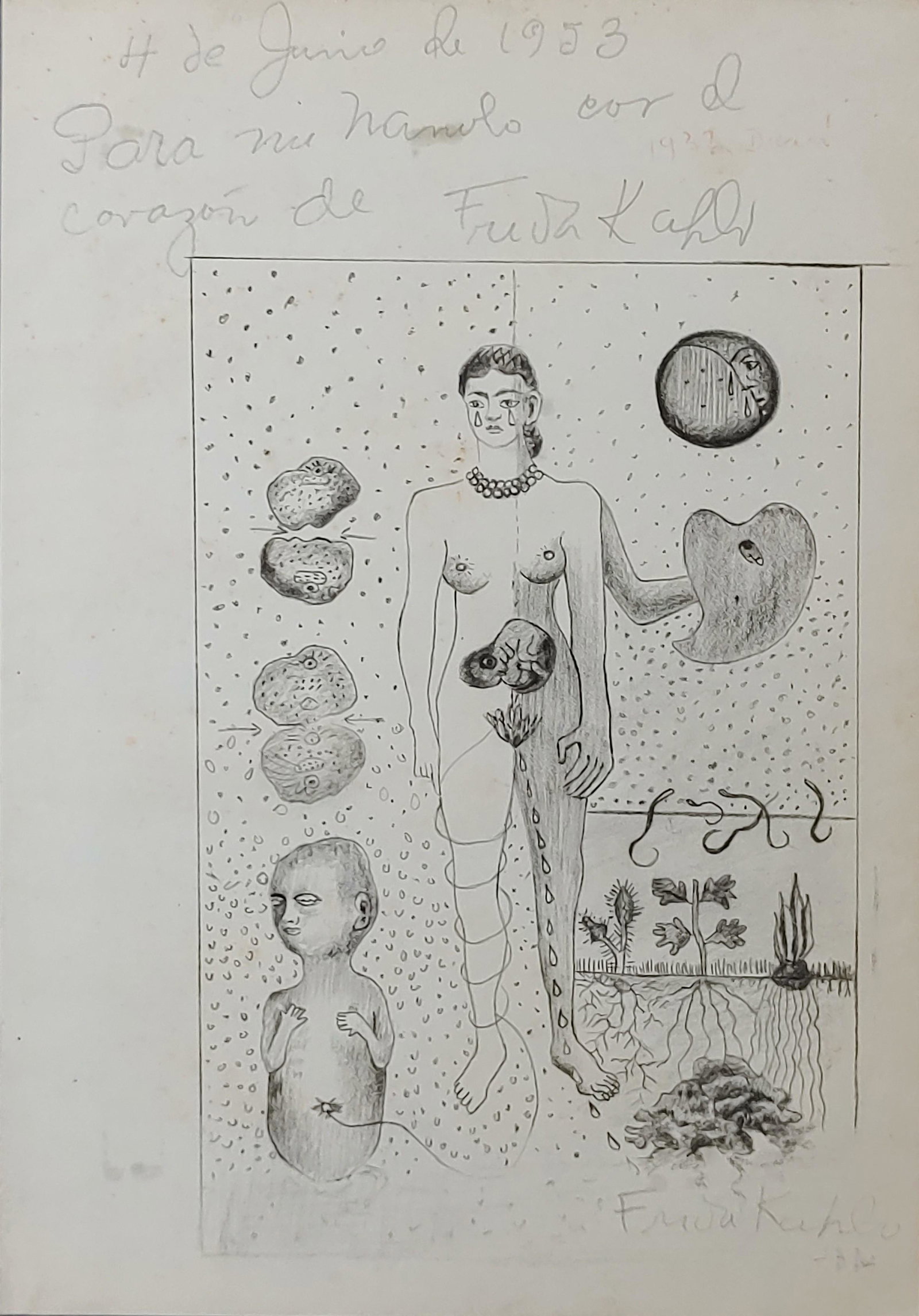 Frida Kahlo (1881-1973), signed: Frida Kahlo, signed.The drawing is made in the well-known style of Frida Kahlo.She was a Mexican painter. Her work revolves thematically around her biography and her own suffering. She was the author 