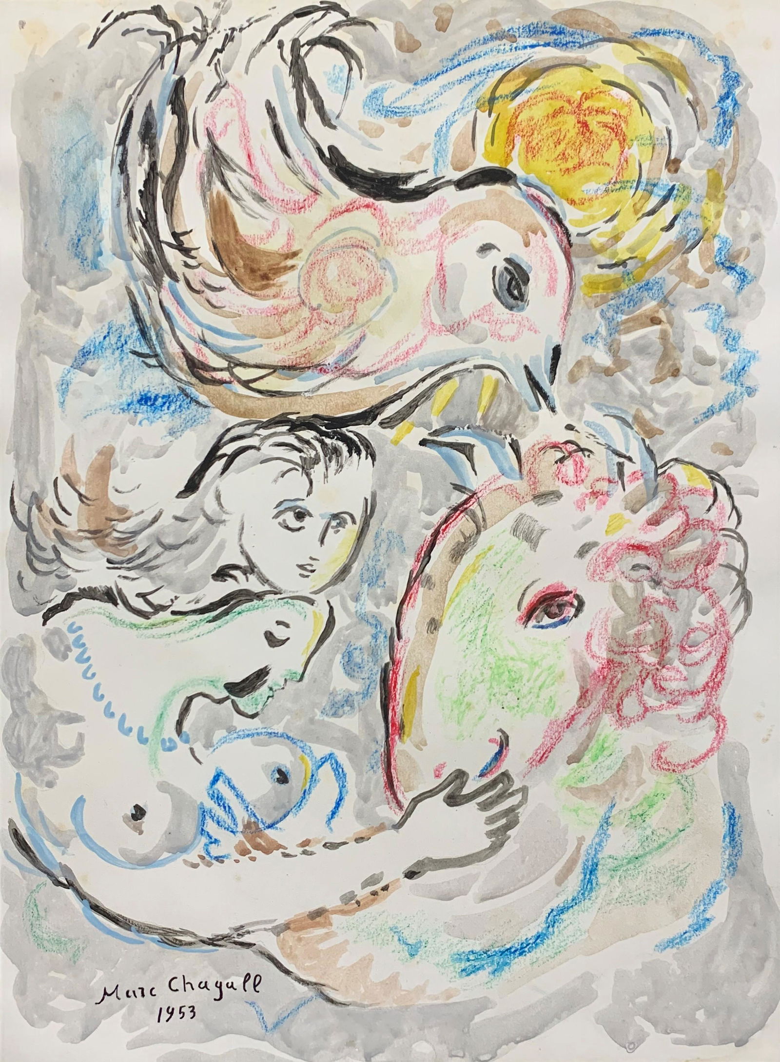 Marc Chagall (1887-1985) Watercolor on Paper In the style of: Marc Chagall Framed painting French painter of Russian origin. Born in a small Russian village, his artistic concerns took him to Paris in 1910, where he reached his artistic maturity. Location: This