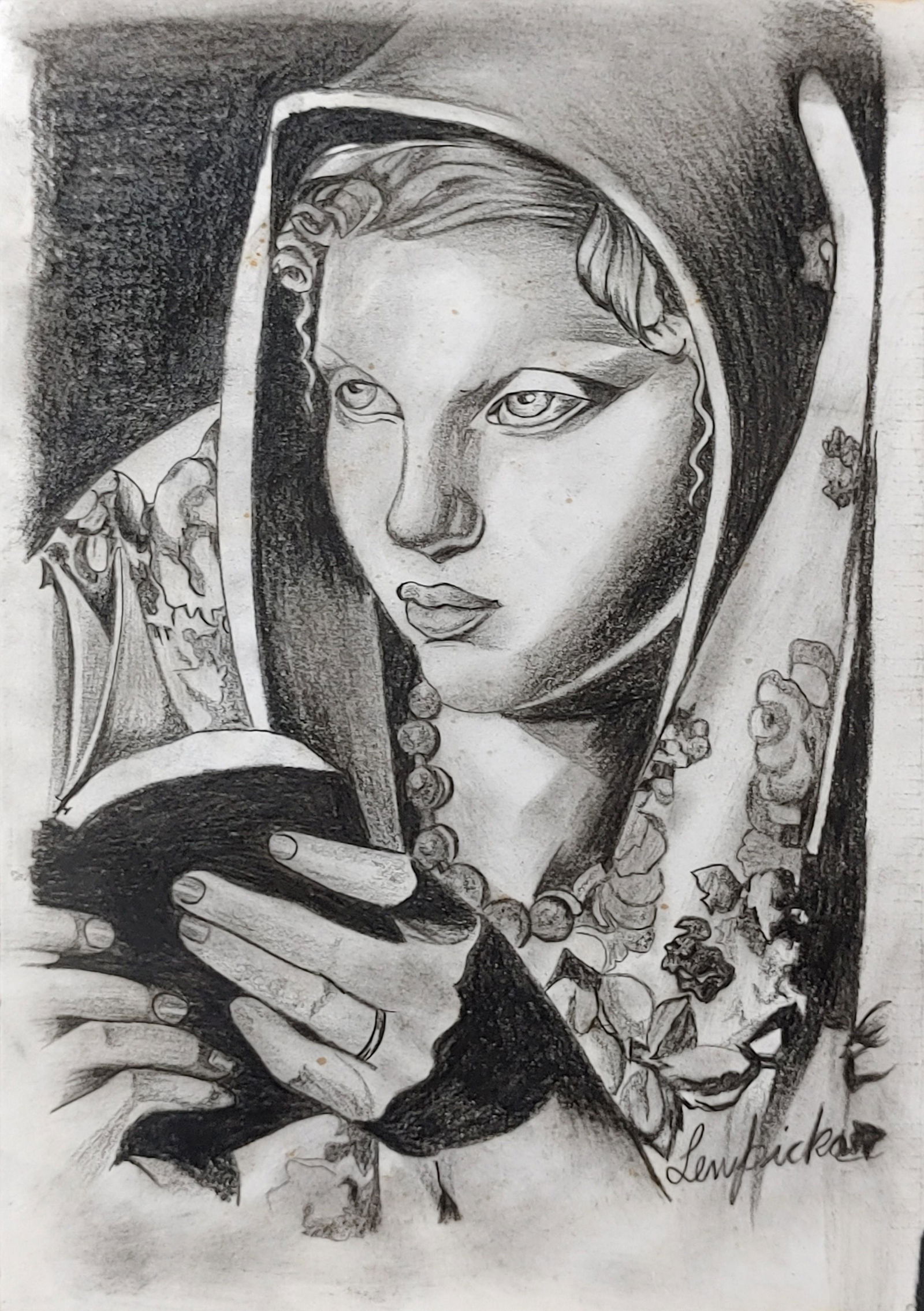 Tamara de Lempicka (1898-1980) Charcoal on Paper In the style of: Tamara de Lempicka was a Polish painter who achieved fame in Europe, especially France and in the United States with her art deco portraits and nudes. The word “In the style of” is used fo