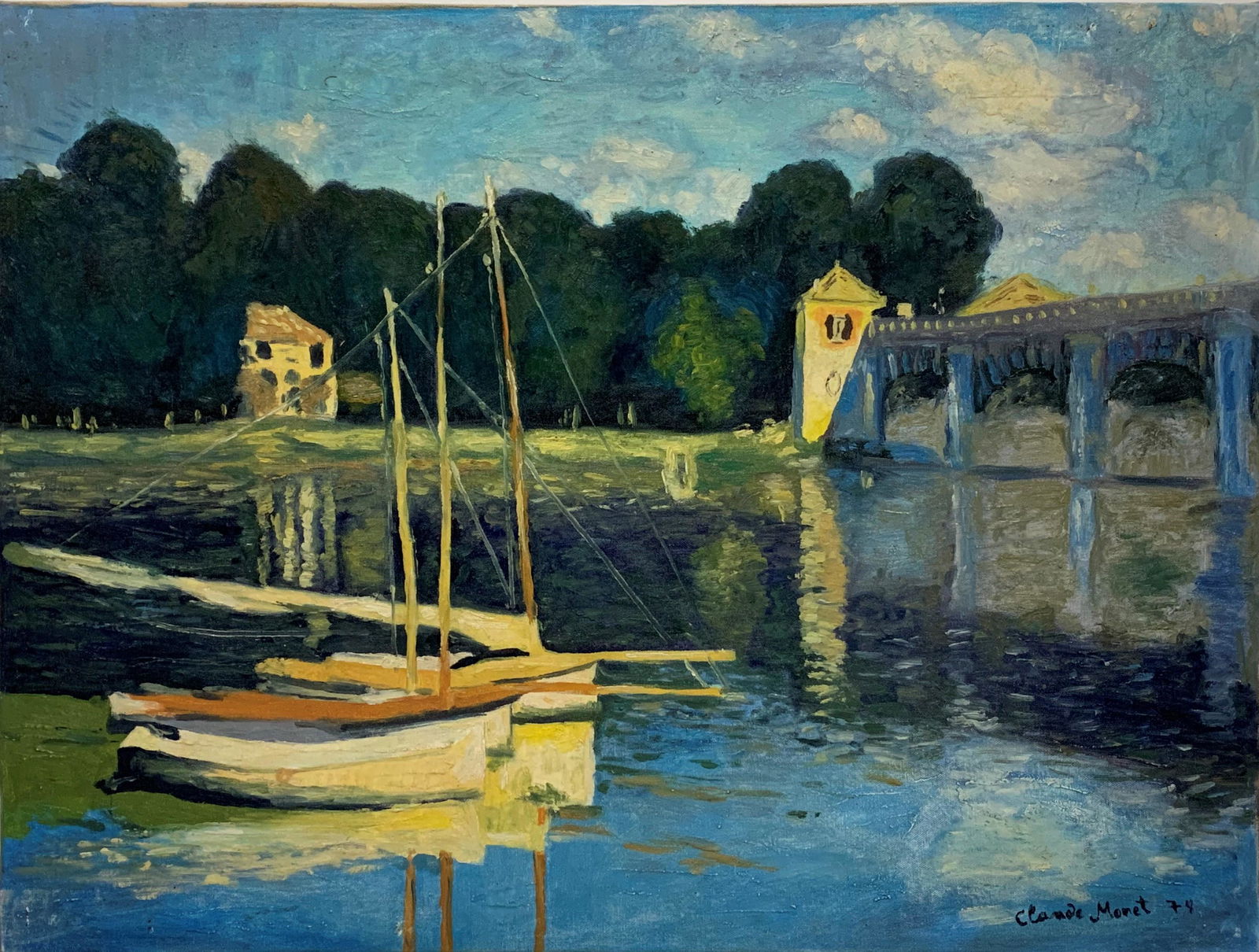 Claude Monet (1840-1926) Oil on canvas In the style of: Claude Monet. Claude Monet was a French painter, one of the creators of Impressionism. The term Impressionism derives from the title of his work Impression, Rising Sun. His earliest works, up to the m