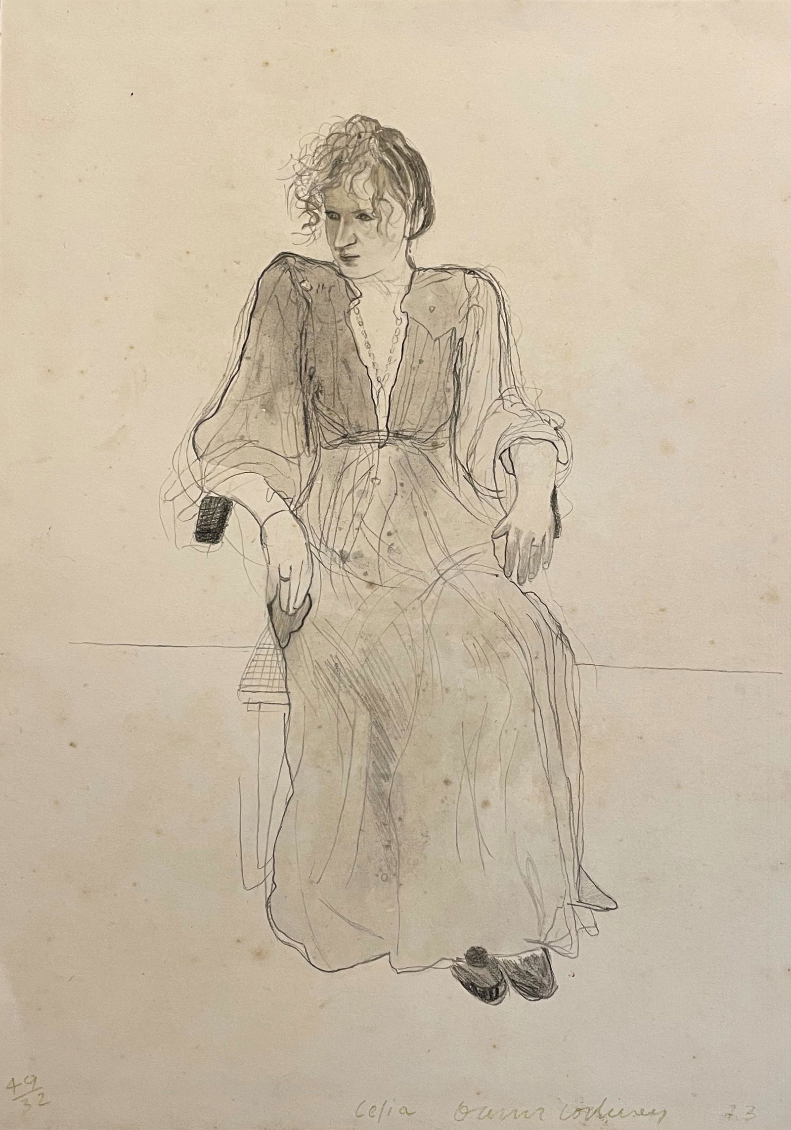 David Hockney (1937) Mixed technique on Paper In the style of: British artist David Hockney partner in 1979 with his good friend Celia Britwell who was a well-known textile designer and wife of Ossie Clark a fashion designer to create a series of lithographs name