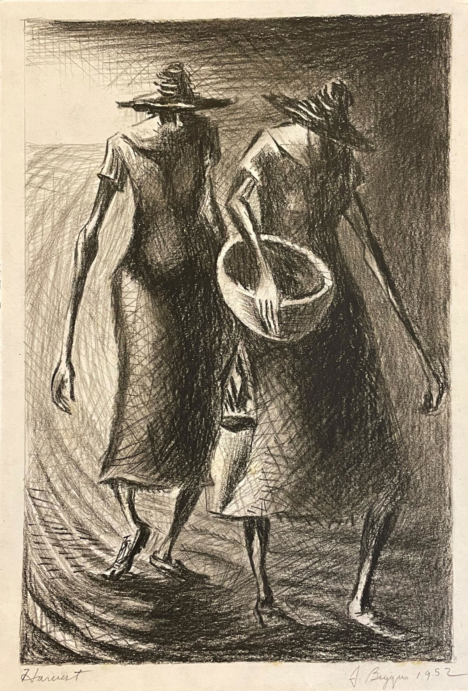 John Thomas Biggers (1924-2001) Charcoal on Paper In the style of: John Thomas Biggers, John Thomas Biggers. Location: This item ships from the United States Provenance: private collector.John Thomas Biggers was an African-American muralist who rose to prominence In