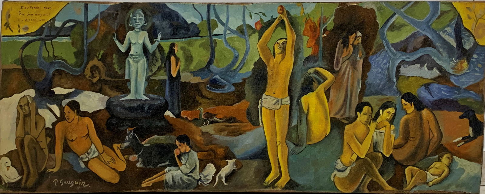 Paul Gauguin (1848-1903) Oil on canvas In the style of: Paul Gauguin. Framed painting Eugene Henri Paul Gauguin, known as Paul Gauguin, was a post-impressionist painter recognized In the style of his death. His experimental use of color and synthetic style