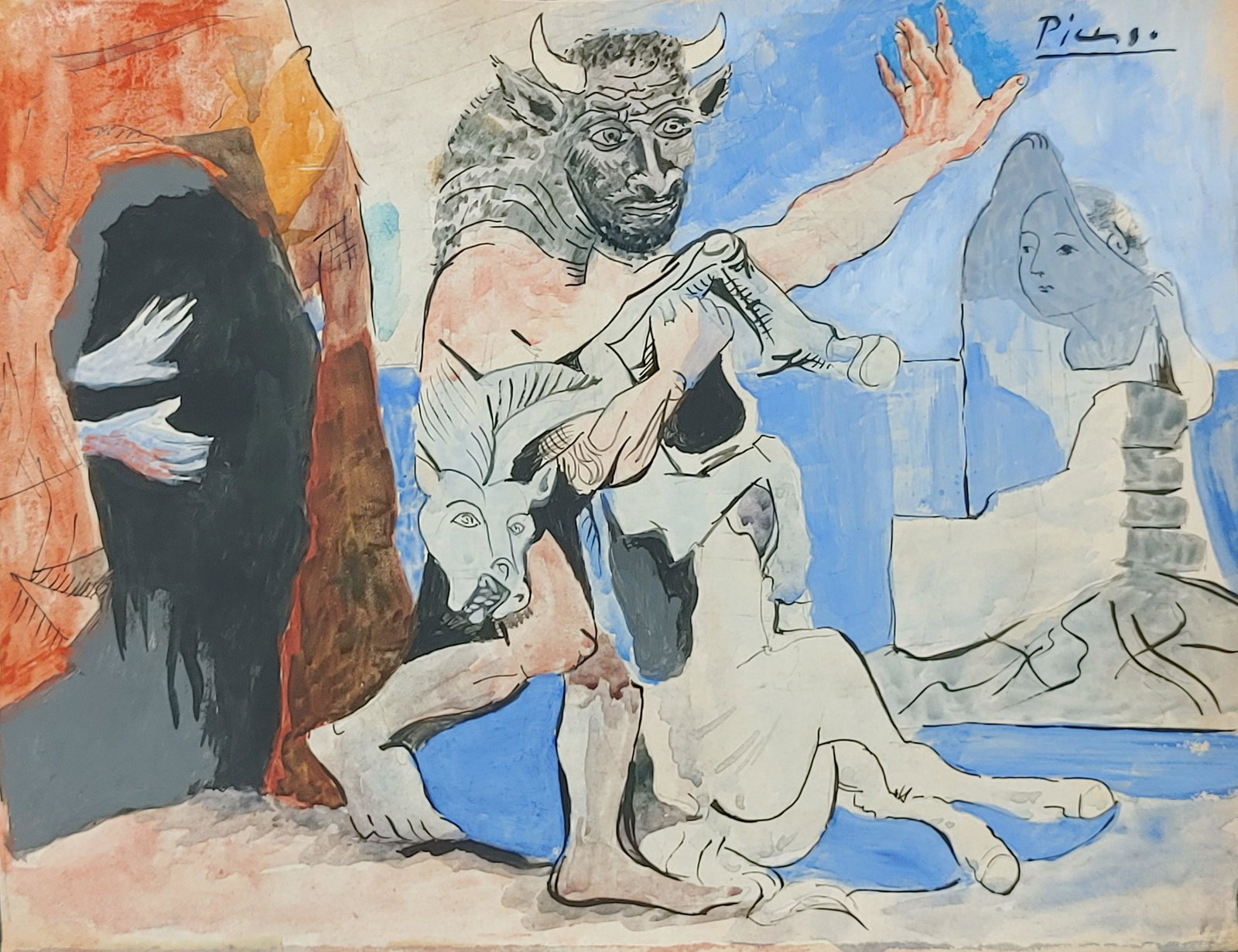 Pablo Ruiz Picasso (1881-1973) Watercolor on Paper In the style of: Pablo Ruiz Picasso. Pablo Ruiz Picasso was a Spanish painter and sculptor, creator, along with Georges Braque, of Cubism. He is considered since the beginning of the 20th century as one of the greates