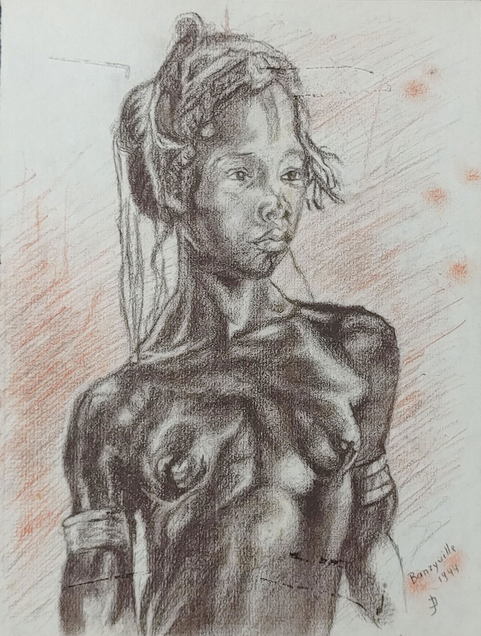 Monogram Portrait of an African Woman Charcoal on paper  In the style of (1 of 2)