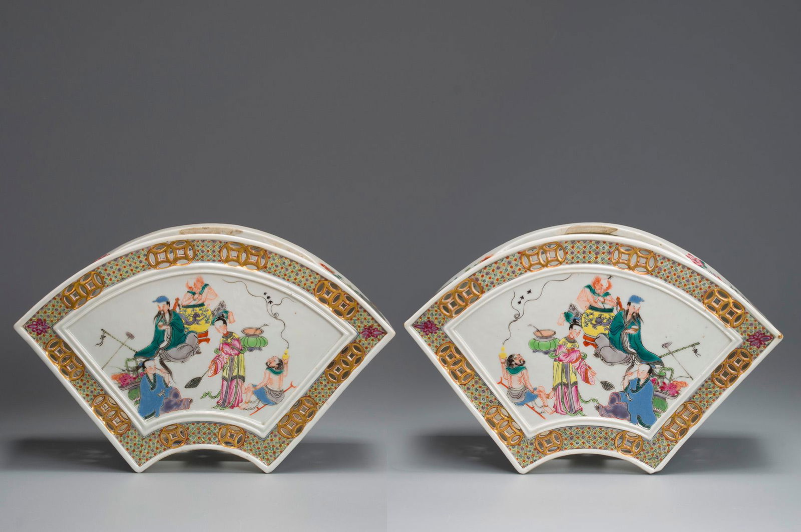 A pair of famille rose eight immortals porcelain fan shaped flowerpots (1 of 16)