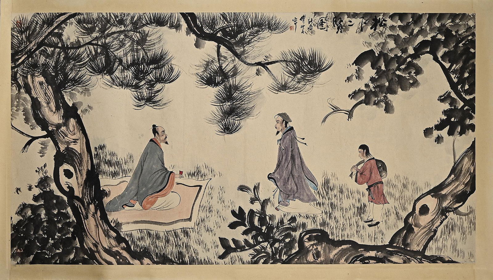 A CHINESE TWO FIGURE PAINTING, FU BAOSHI MARK: 95Ã—175cm Tinted lens on paper