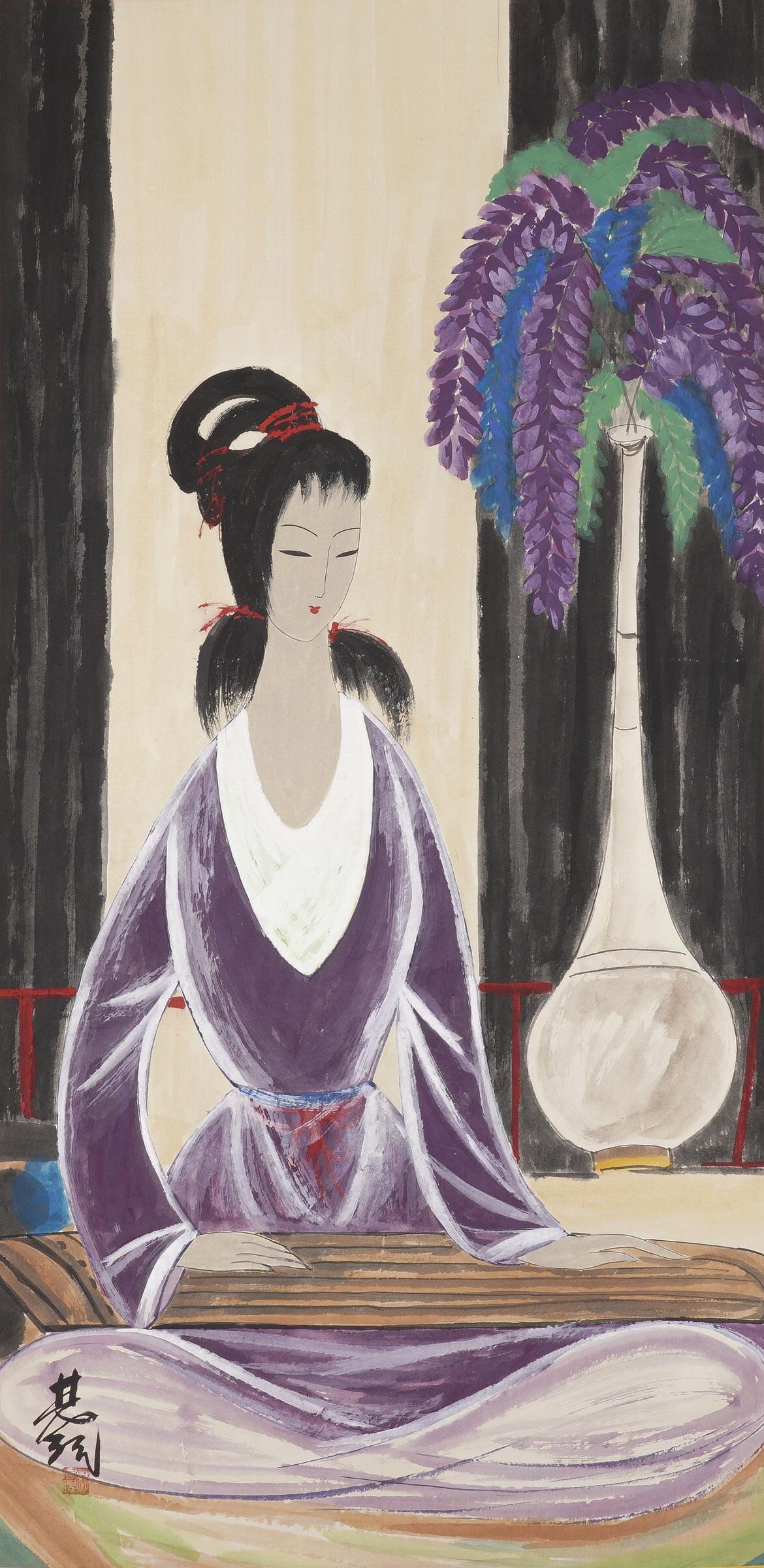 A Chinese figure hanging scroll painting, Lin Fengmian mark (1 of 8)