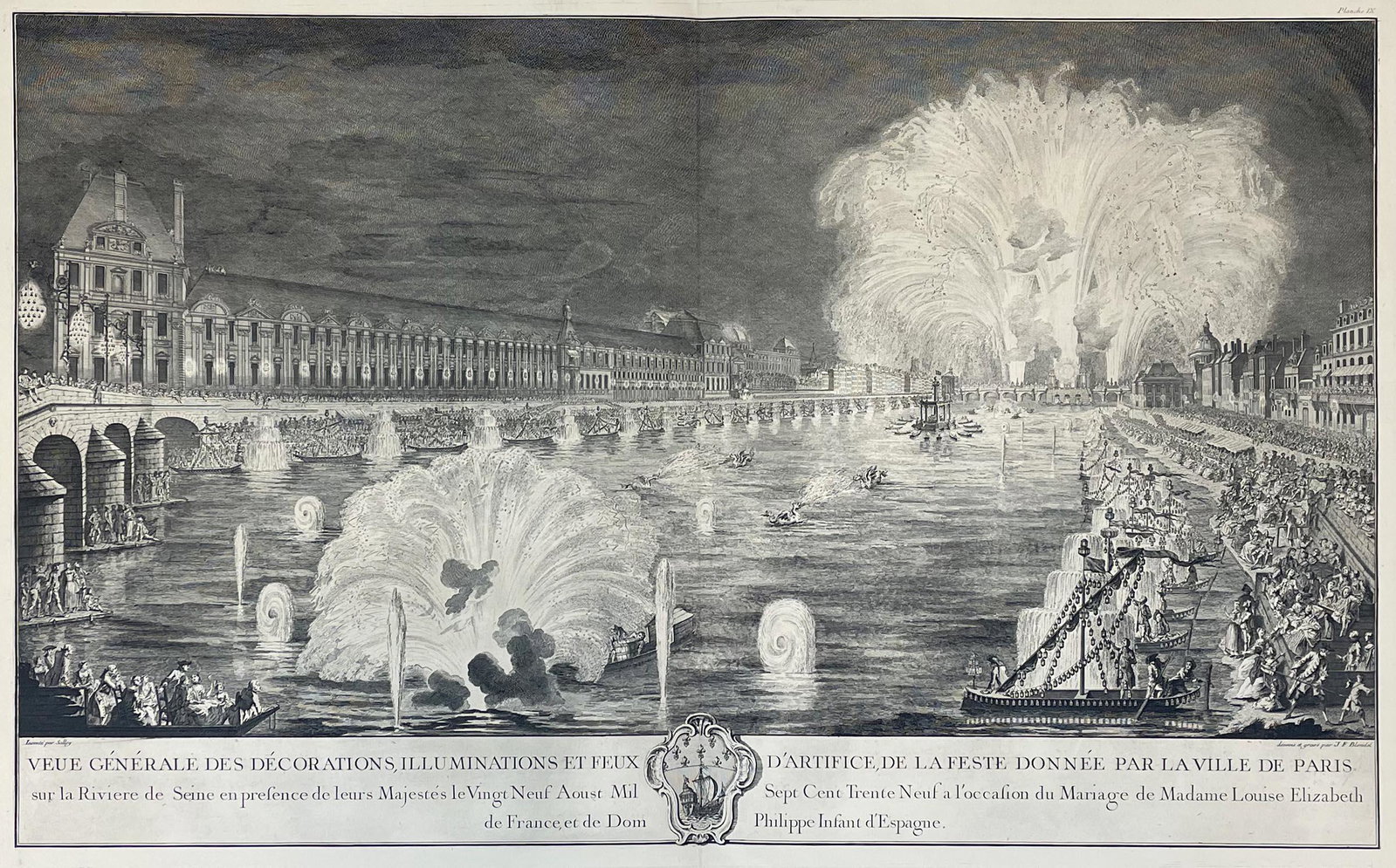 Jacques François BLONDEL (1705 - 1774). Fireworks over the Seine - General View Of Decorations: Circa 52 cm x 84 cm. Impressive copper engraving. Inscribed on the underside in pencil outside the plate.