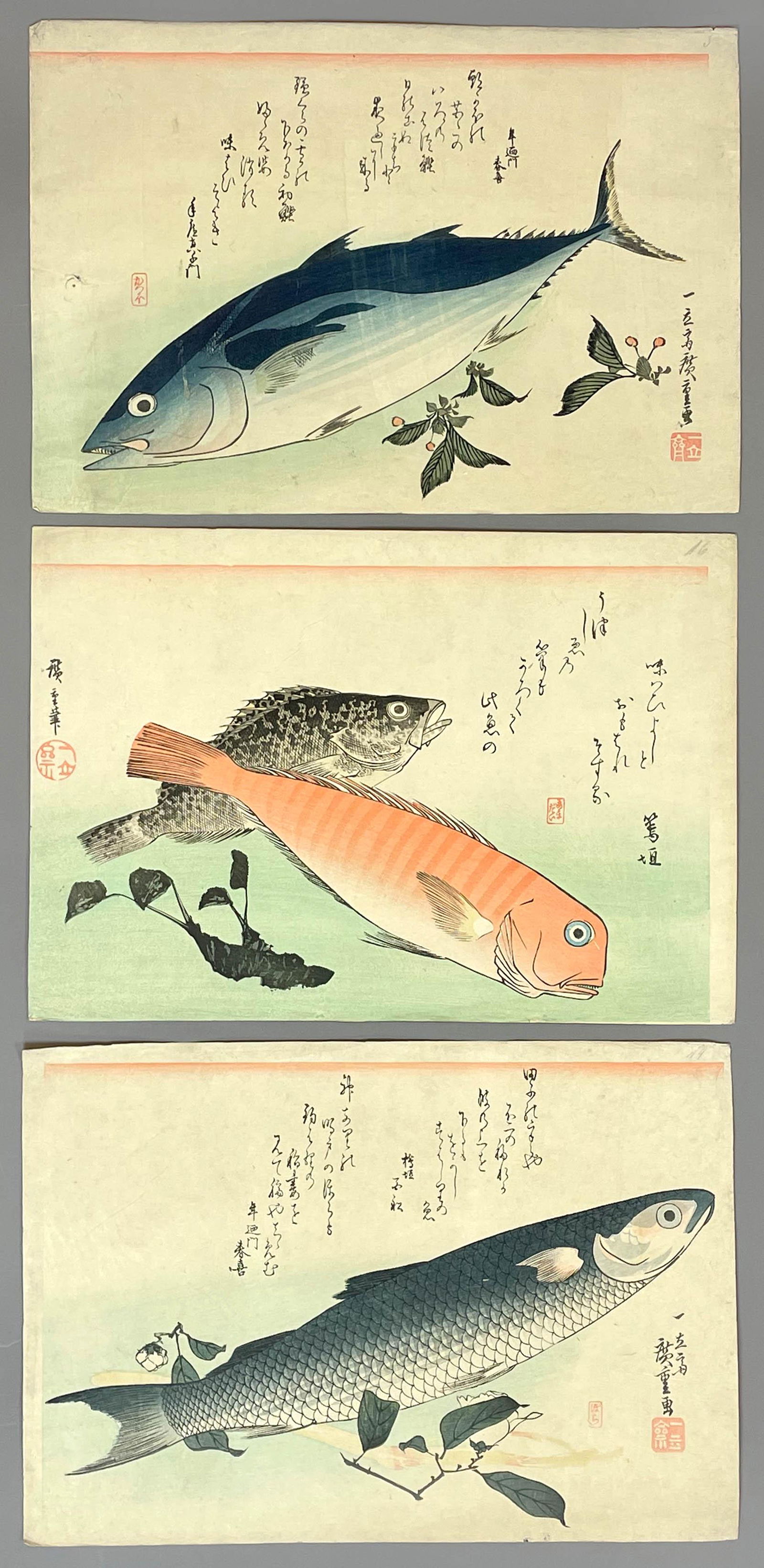Hiroshige ANDO (1797-1858). 3 woodcuts with big fishes. (1 of 15)