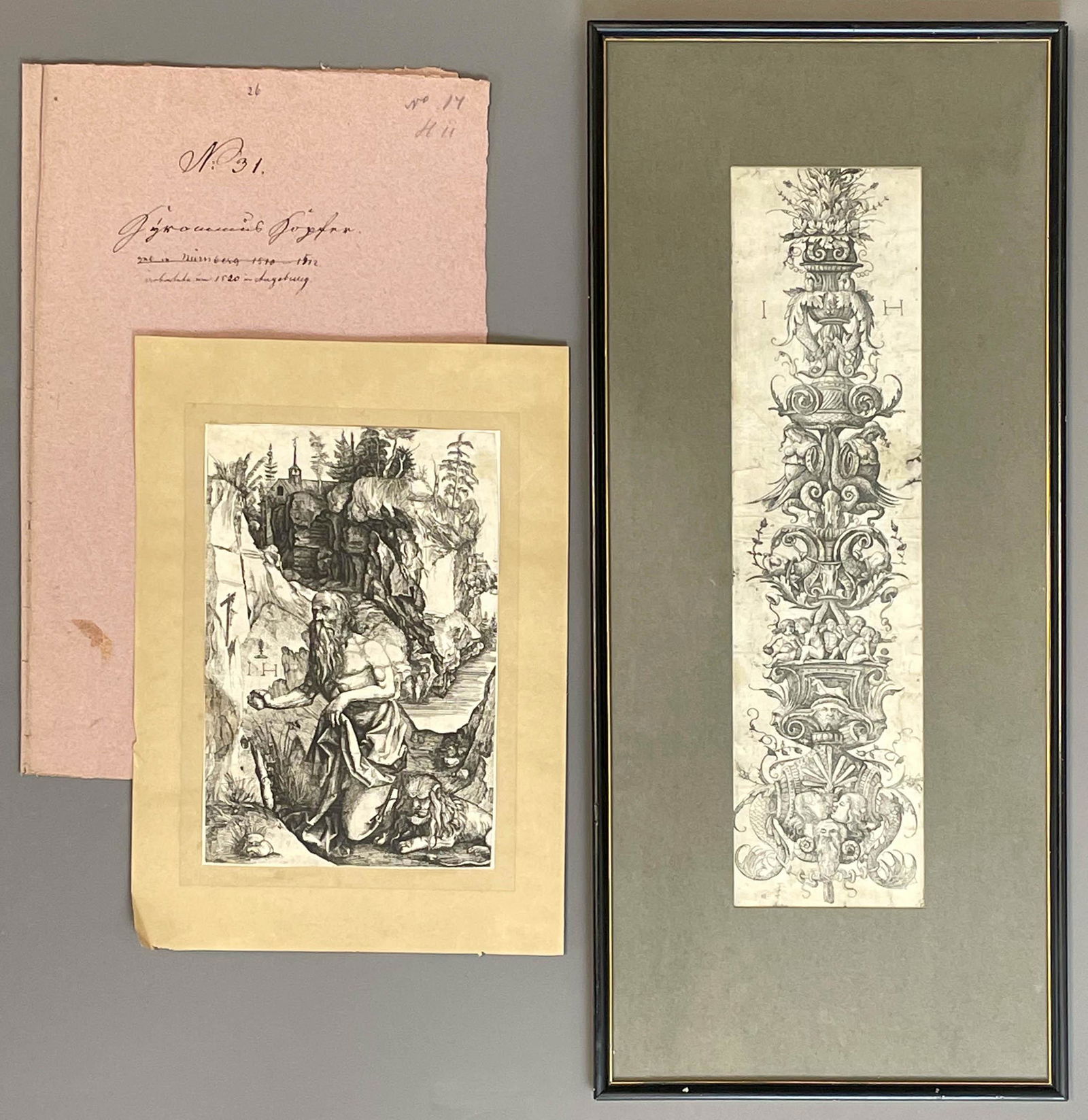 Hieronymus HOPFER (c. 1500 - 1563). Der heilige Hieronymus in der Einöde.: Circa bis 38,5 cm x 10 cm. Nach Albrecht DÜRER (1471 - 1528). Dazu ein weiteres Blatt von Hieronymus HOPFER. English Title: Hieronymus HOPFER (c.1500 - 1563). St. Jerome in the Wilderness Englis