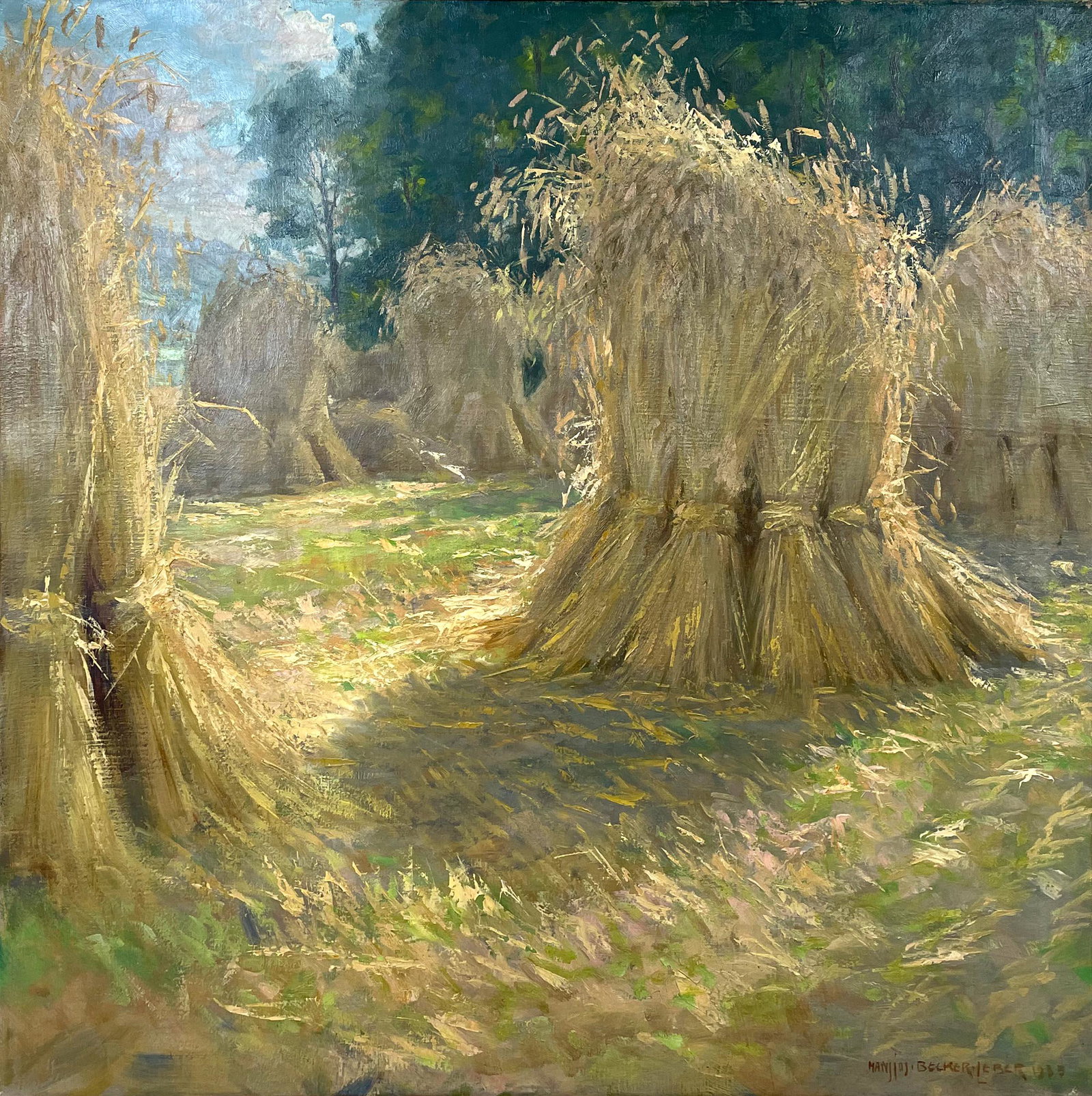 Hans Josef BECKER-LEBER (1876 - 1962). Strohballen im Spätsommer. Hans Josef BECKER-LEBER (1876: Circa 76 cm x 72 cm. Circa 87 cm x 83 cm mit Rahmen. Gemälde. Öl auf Leinwand. Spätimpressionistischer Landschaftsausschnitt pastos gemalt. Rechts unten signiert und datiert 1935.- Kein
