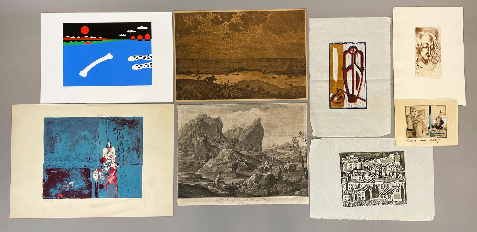 Konvolut 8 Grafiken unterschiedlicher Technik. 18. bis 20. Jahrhundert. Mixed lot of 8 prints of: Circa 50 cm x 39 cm (größtes Blatt). 1 Kupferstich von Francesco Bartolozzi (1727 - 1815). "Landschaft mit Badenden" nach einem Gemälde von Agostino Carracci (1557 - 1602); 1 Radierung