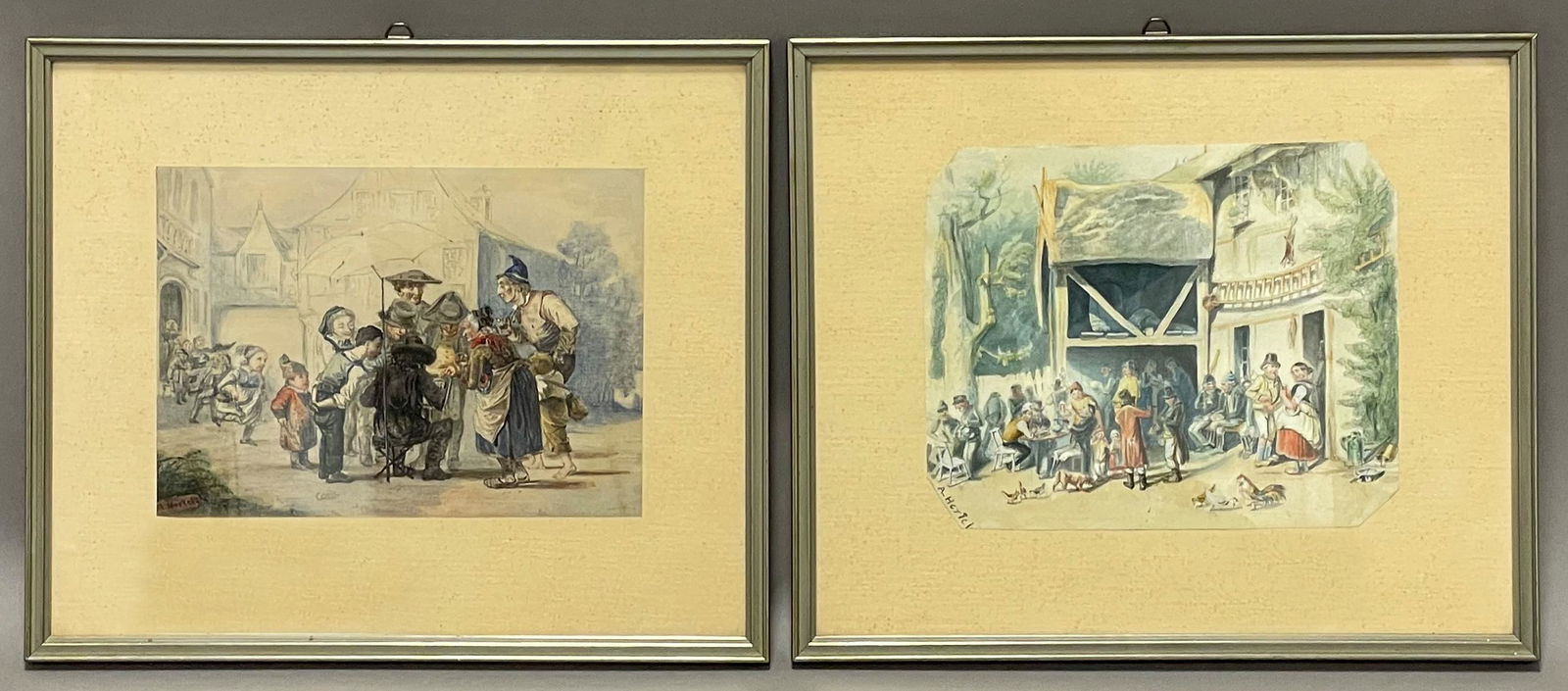 Albert HERTEL (1843-1912). Heitere Dorfgemeinde vor dem Gasthaus. - Albert HERTEL (1843-1912).: Jeweils 14,5 cm x 20 cm das Blatt. Circa 25,5 cm x 30 cm mit Rahmen. Aquarell auf Papier. Jeweils links unten signiert. Each 14,5 cm x 20 cm the sheet. Approx. 25,5 cm x 30 cm framed. Watercolour on p