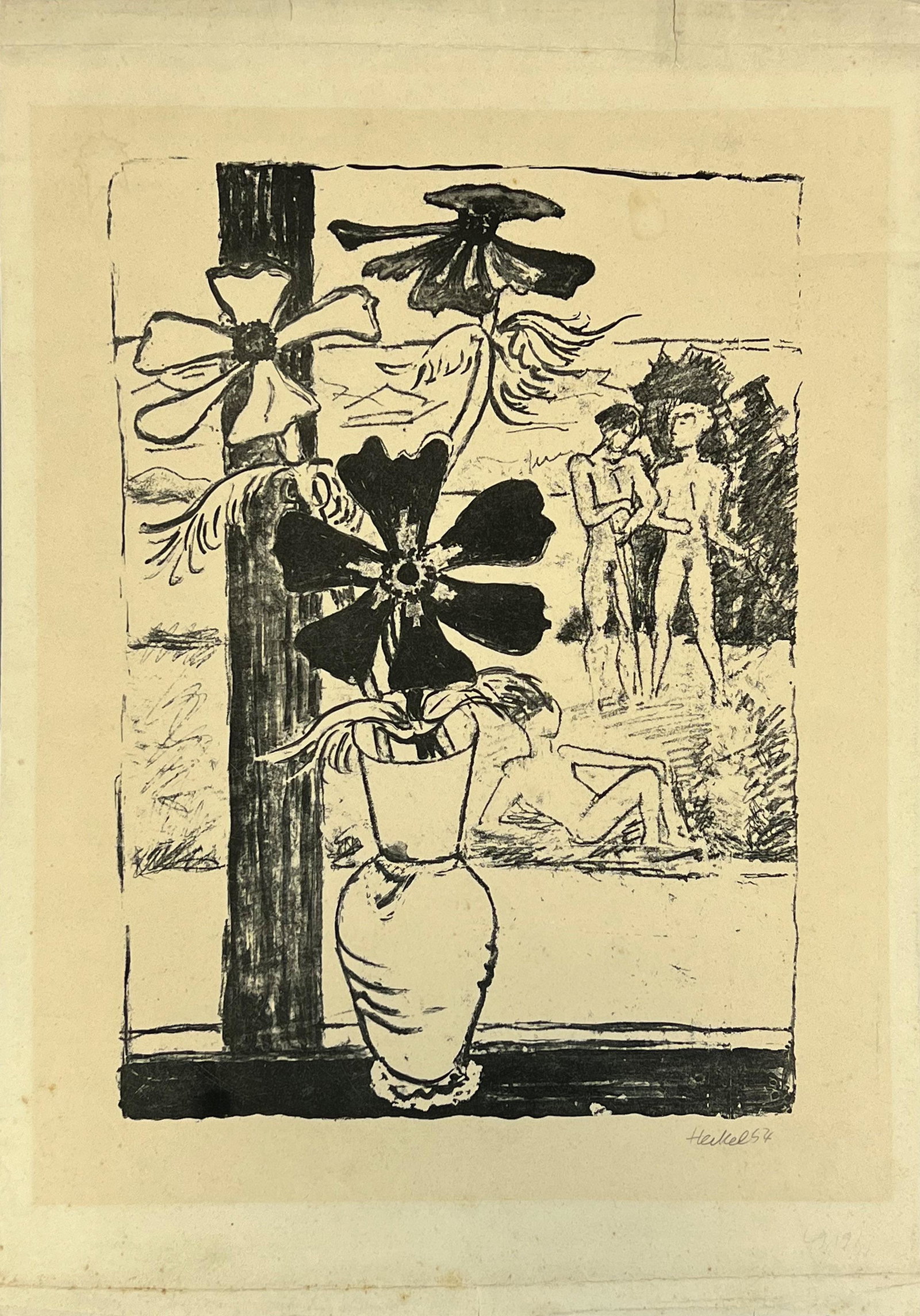 Erich HECKEL (1883 - 1970). Still life. Anemones (1954).: Circa 53 cm x 37,5 cm. Lithograph. View from a window on 3 male nudes. In the foreground anemones in a vase. Signed and dated 1954 lower right. Small foxing spots. Condition see photos.