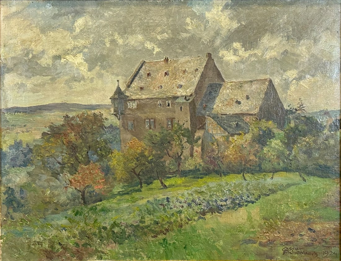 Oscar ACHENBACH. View of the castle ''Katzenelnbogen''. 1924.: Circa 53 cm x 68 cm. Circa 66,5 cm x 82 cm with frame. Painting. Oil on canvas. Signed and dated 1924 on the lower right. Label with attribution and place name on the reverse. In need of cleaning. Pai