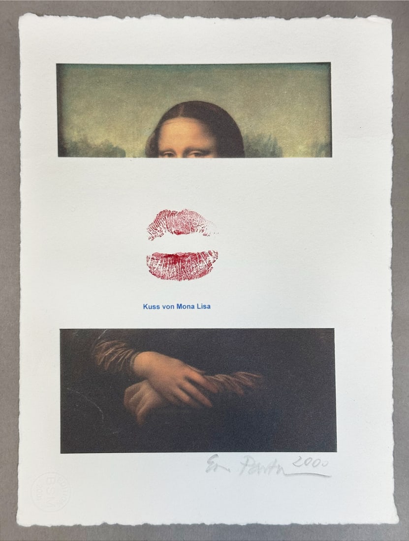 Ewa PARTUM (1945). "Kiss of Mona Lisa". 2000: Circa 21 cm x 15 cm. Circa 34 cm x 29,5 cm with frame. Lithograph. Conceptual art. Stamped lower left "Edition BSM 2001". Hand signed and dated lower right. Illustration on page 102 of the catalogue (